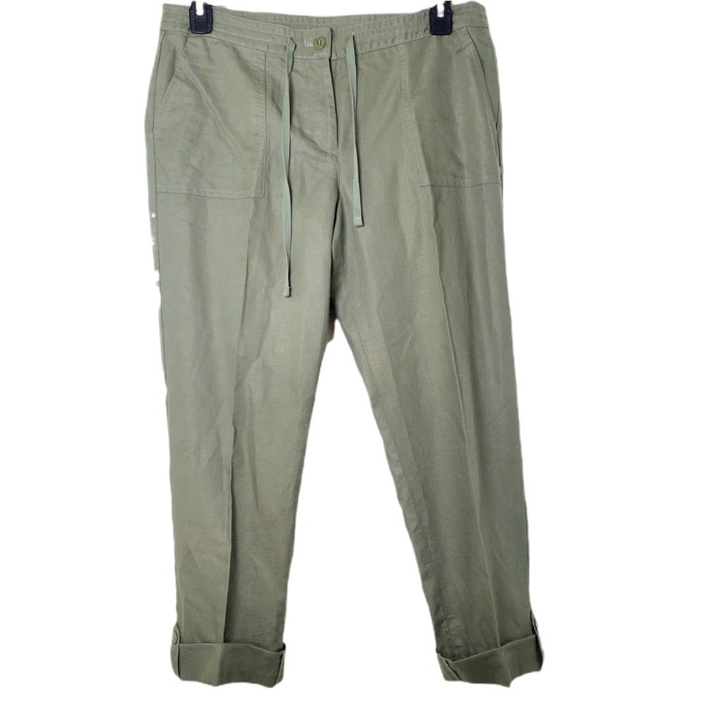 Talbots Signature Olive Green Linen Cotton Blend Drawstring Cuffed Pants Size 10